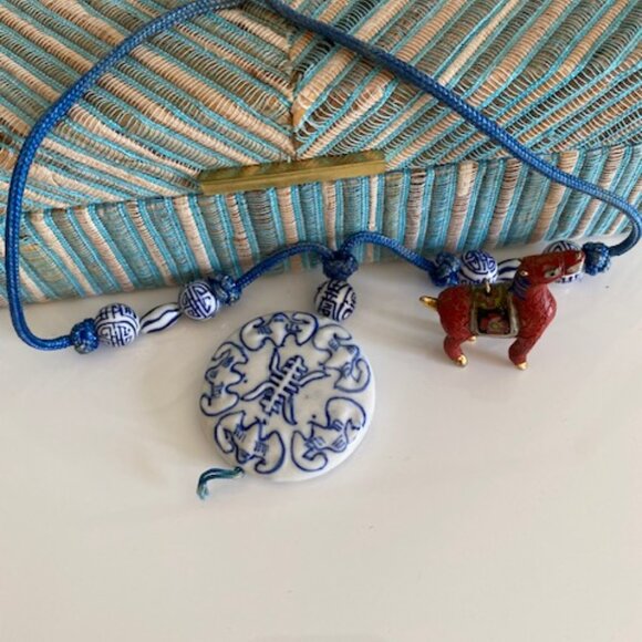 Unbranded Jewelry - Vintage Chinese Hand Carved Cinnabar Inlay Horse Cloisonne Pendant